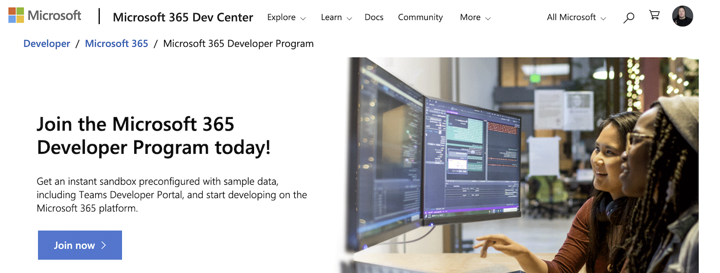 Screenshot of Microsoft 365 developer program website